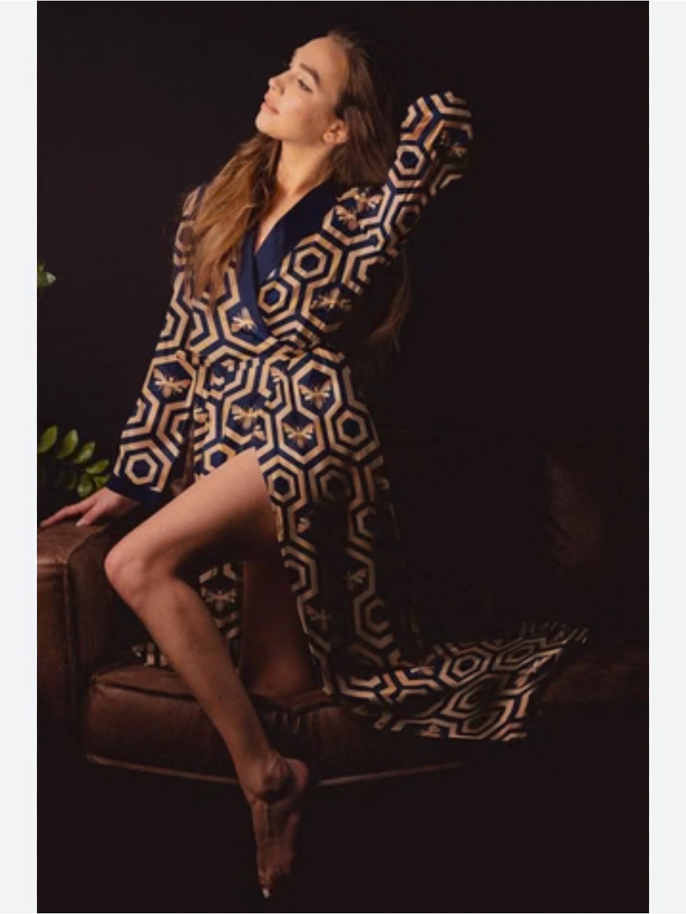 Averie Colbee satin gold blue bee long women’s robe Size xs s small